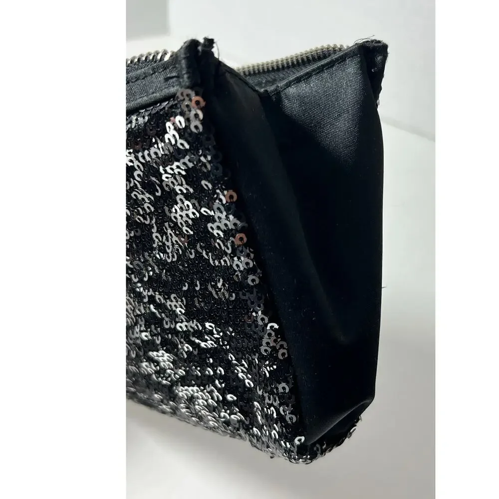 Victoria's Secret Black Sequins Elegant Clutch Purse Makeup Bag Zipper Pouch